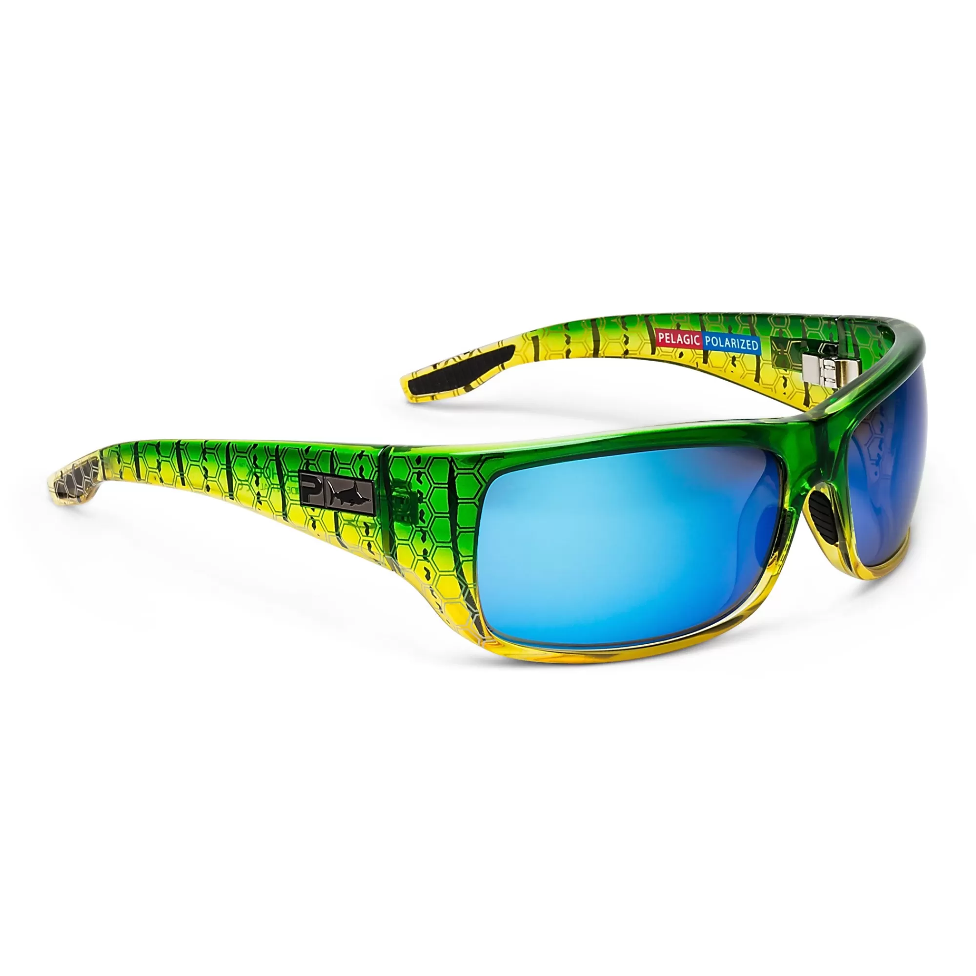 Pelagic Best Selling Sunglasses>Fish Hook - Polarized Mineral Glass Green Dorado - Blue Mirror