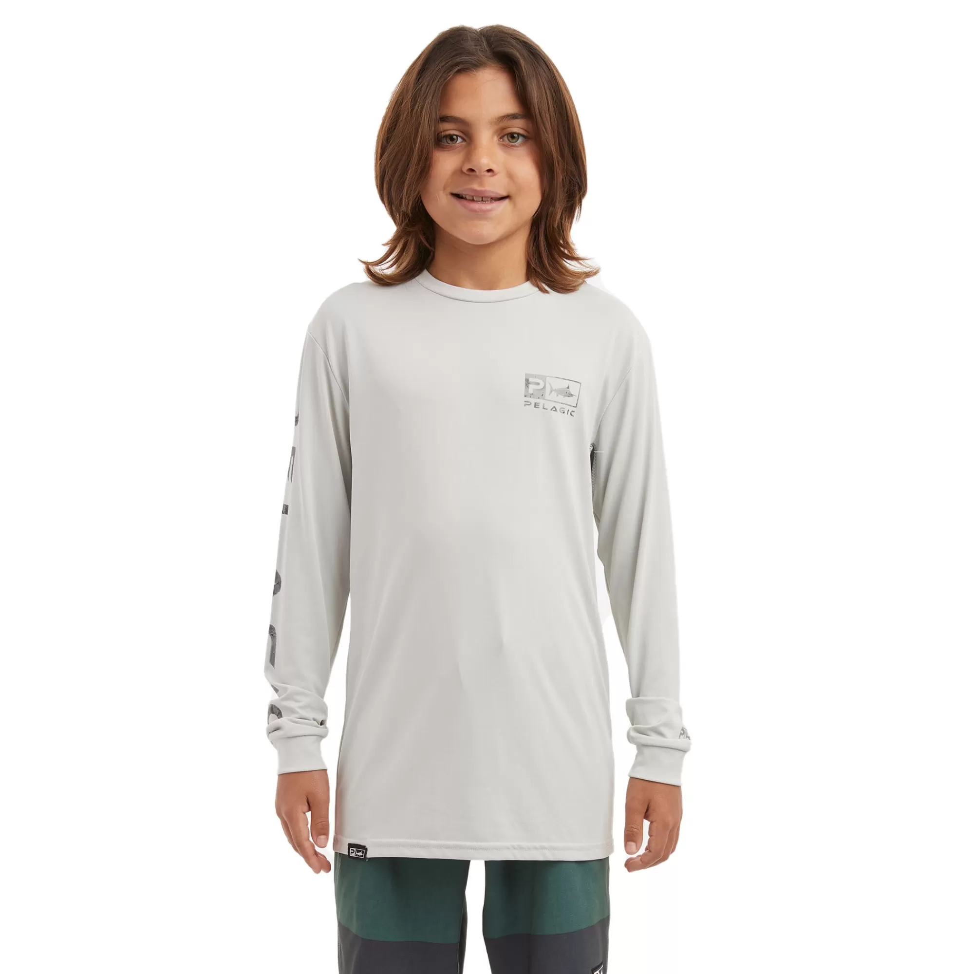 Pelagic Fishing Shirts>Youth Aquatek Icon Light Grey