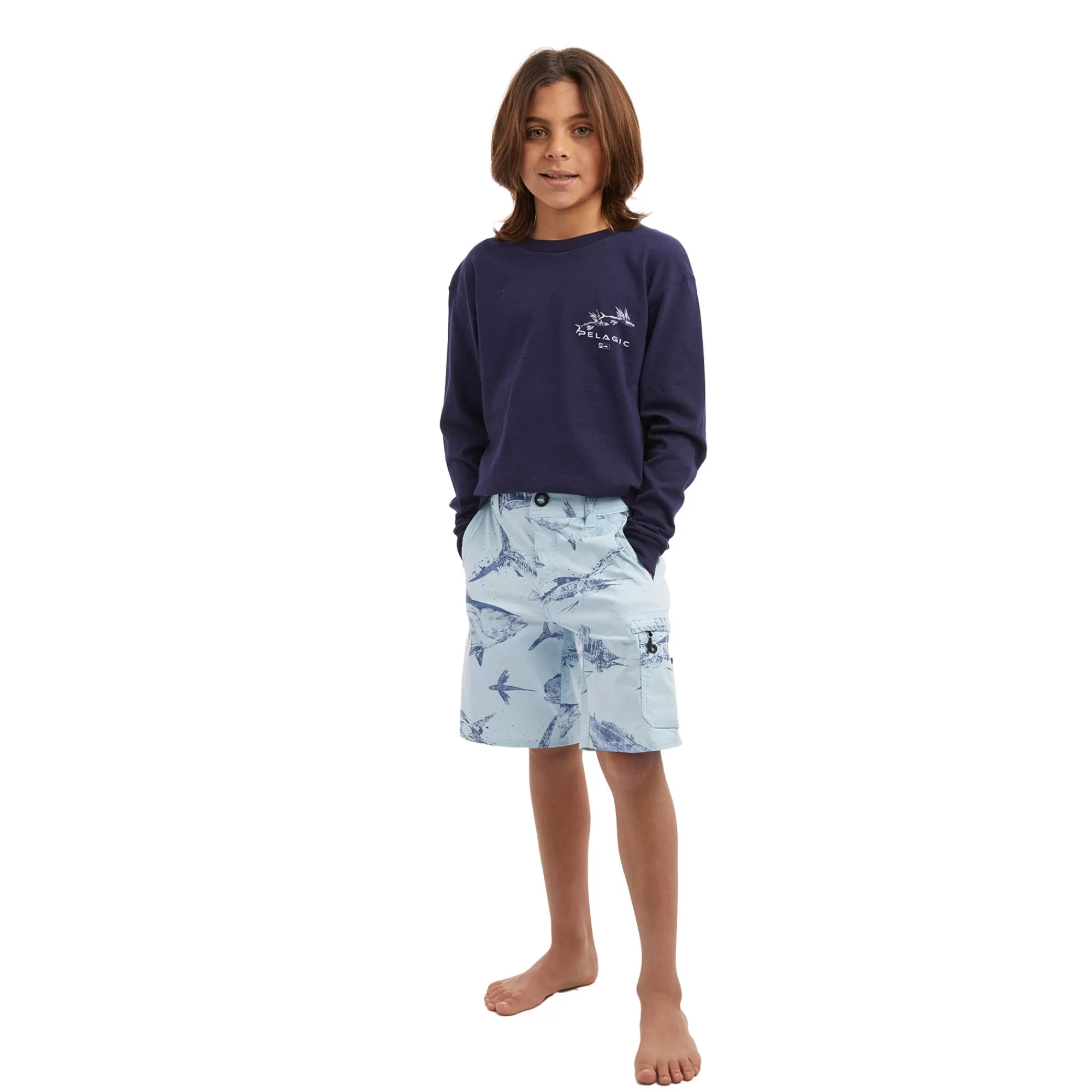 Pelagic Fishing Shorts>Youth Traverse Gyotaku Light Blue