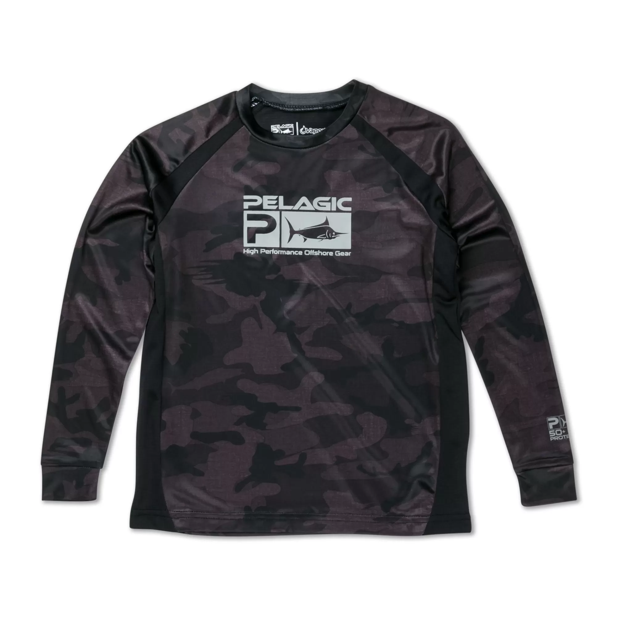 Pelagic Fishing Shirts>Youth Vaportek Fish Camo Black